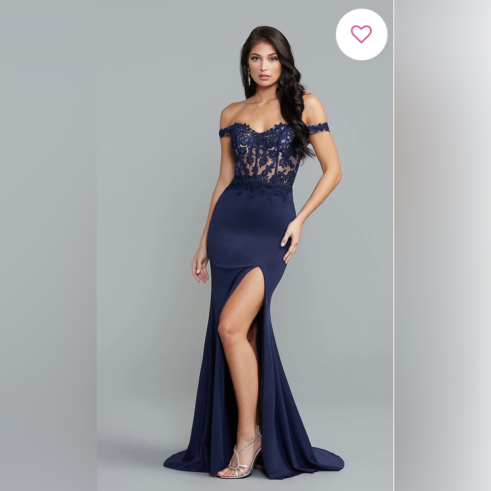 Navy blue, sheer corset formal dress with slit